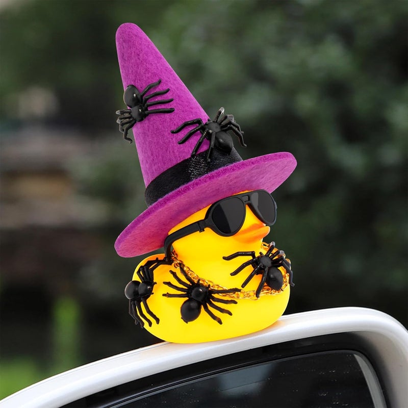 wonuu Spiders Rubber Ducks for Halloween, Car Dashboard Decorations Duck for Office Desk Ornament Accessories with Witch Hat Glasses Chain Spider (Purple) - Image 2